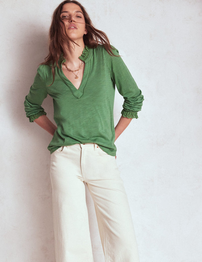 Aria Broderie Notch Neck Top Newt Green