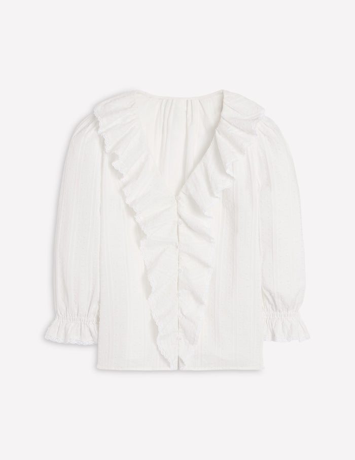 Ruffle V-Neck Blouse White