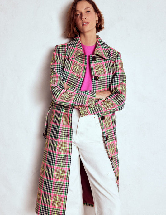 Lancaster Belted Mac Brown, Neon Pink Check
