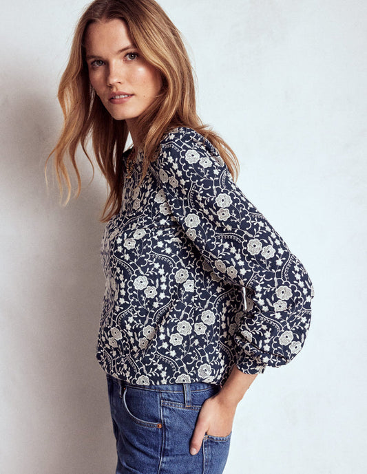 Embroidered Cotton Dobby Top Navy