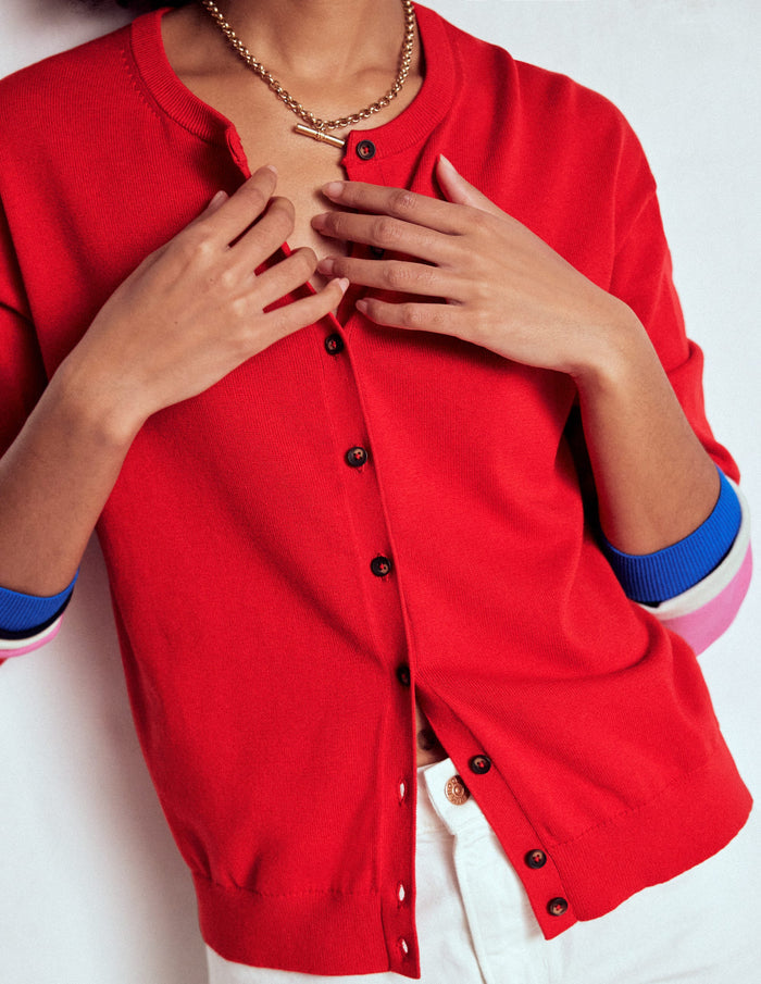 Lara Relaxed Cotton Cardigan Poppy Red, Cuff Stripe