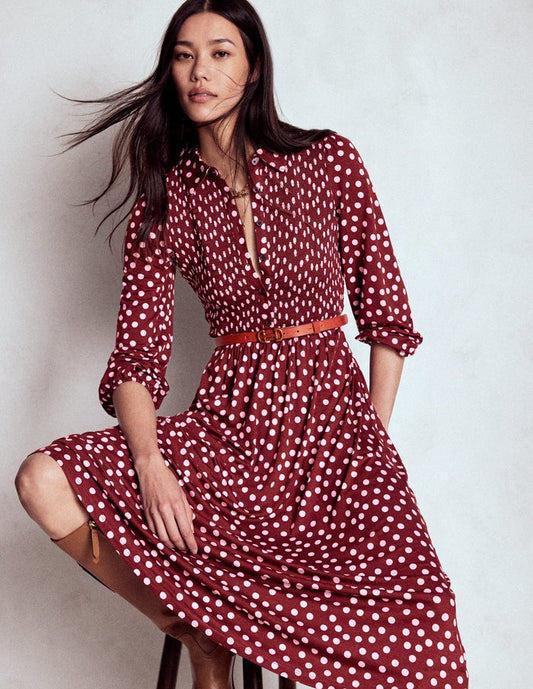 Smocked Jersey Shirt Dress Chestnut, Painted Dot