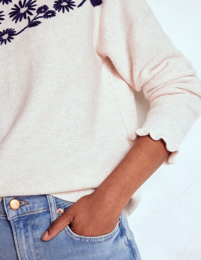 Embroidered Frill Sweater Warm Ivory