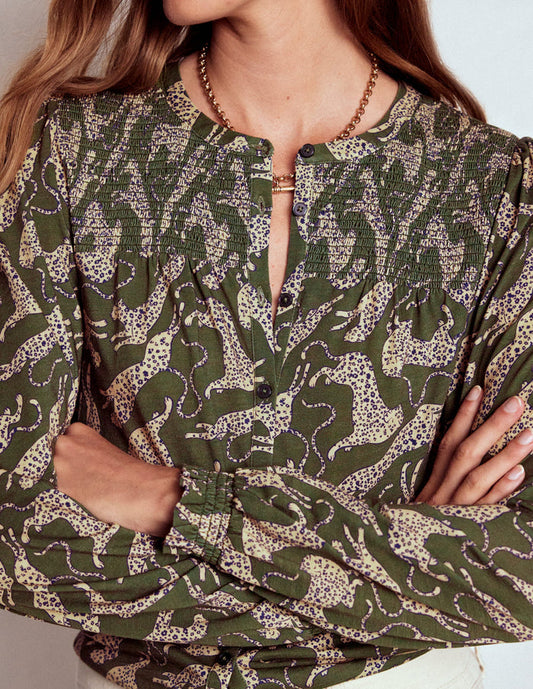 Elsa Smocked Yoke Jersey Shirt Green, Leaping Leopard