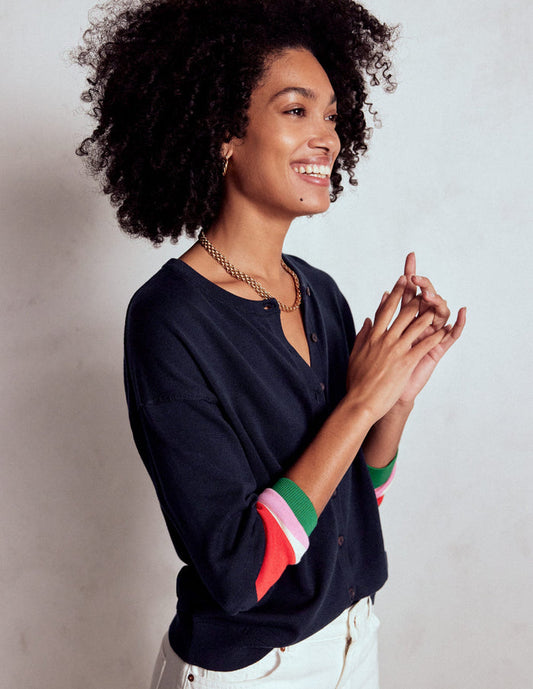 Lara Relaxed Cotton Cardigan Navy, Cuff Stripe