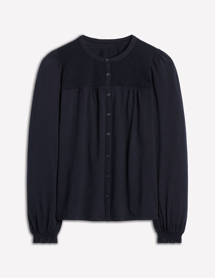 Elsa Smocked Yoke Jersey Shirt Navy