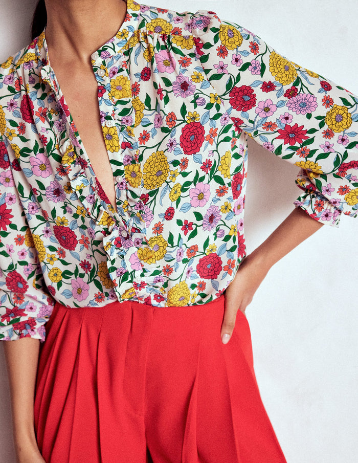 Alice Frill Front Silk Top Multi, Dahlia Trail