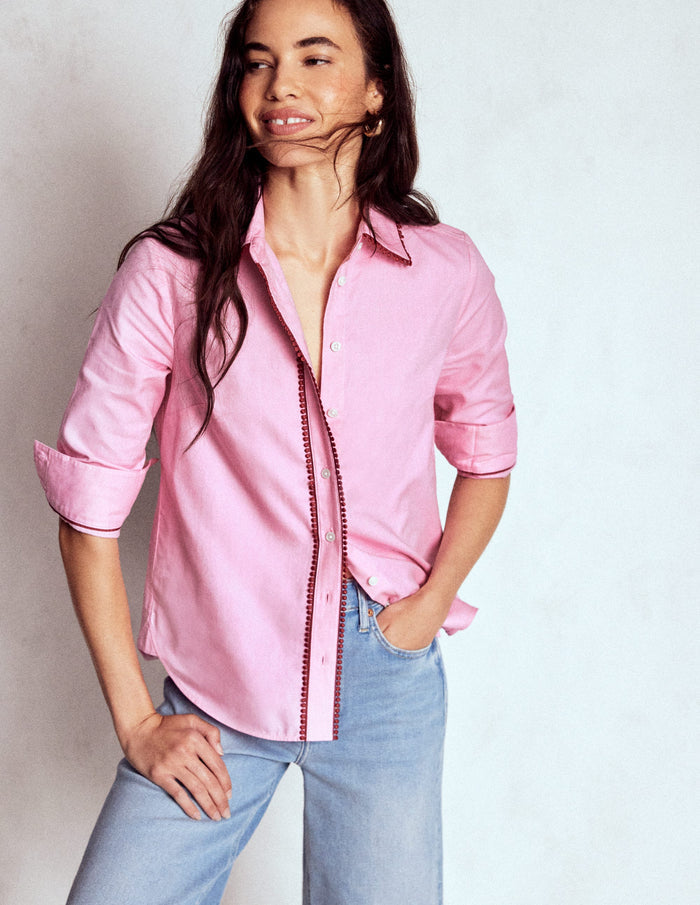 Sienna Interest Cotton Shirt Pink, Pom Trim