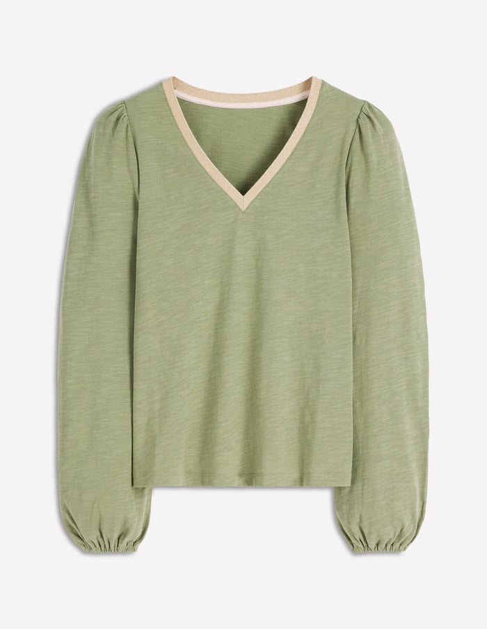 Metallic Trim Long Sleeve Top Larch Green