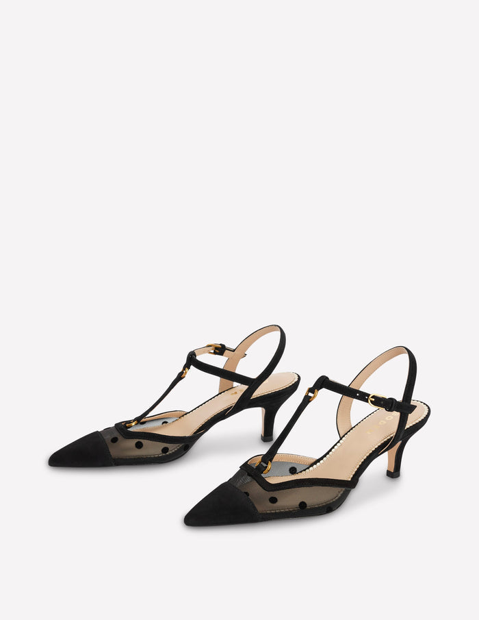 T-Bar Point Heels Black Mesh