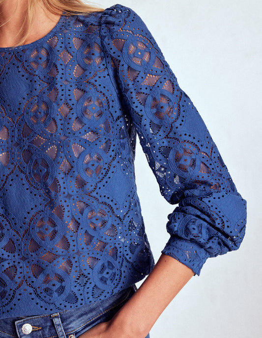 Lace Crew Neck Top Denim Blue