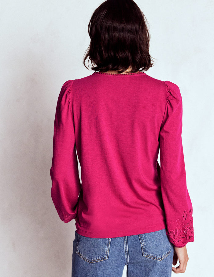 Cutwork Detail Jersey Top Vibrant Pink