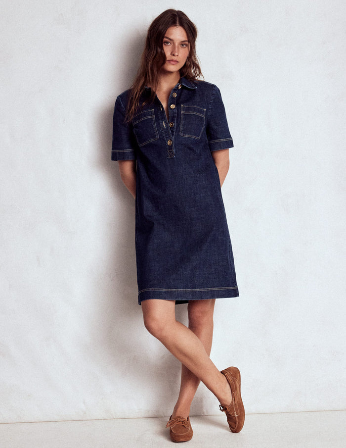 Zia Denim Pocket Shift Dress Dark Indigo