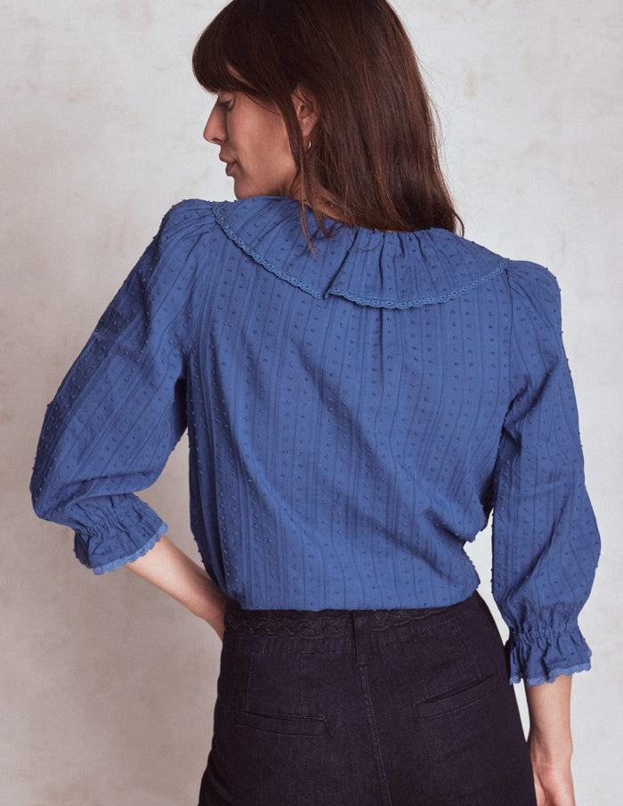 Ruffle V-Neck Blouse Denim Blue