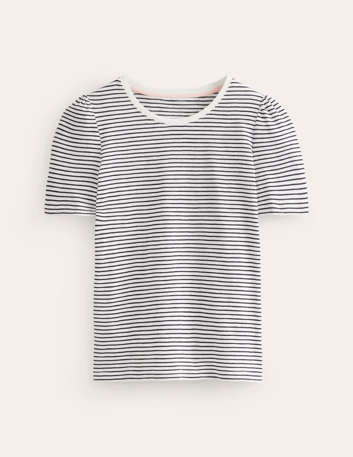 Cotton Puff Sleeve T-Shirt Ivory, Navy Stripe