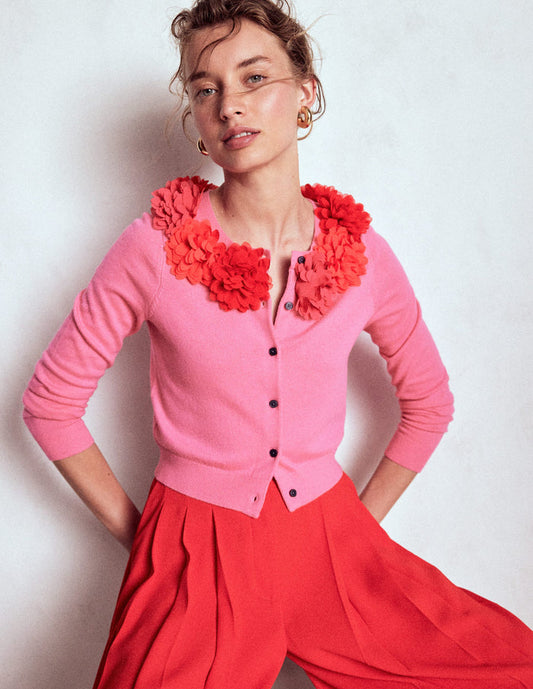 Crew Neck Cropped Cardigan Pink Ribbon