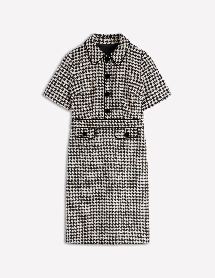 Eda Wool Shift Dress Black Dogstooth