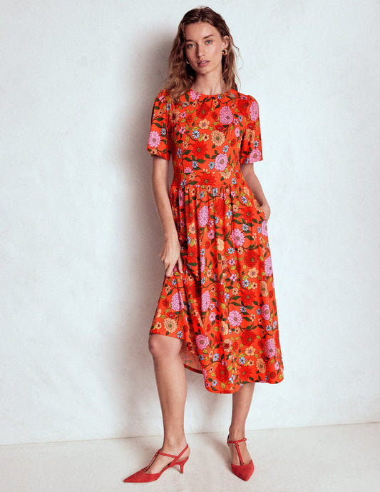 Louisa Jersey Midi Dress Firecracker Red, Dahlia Trail