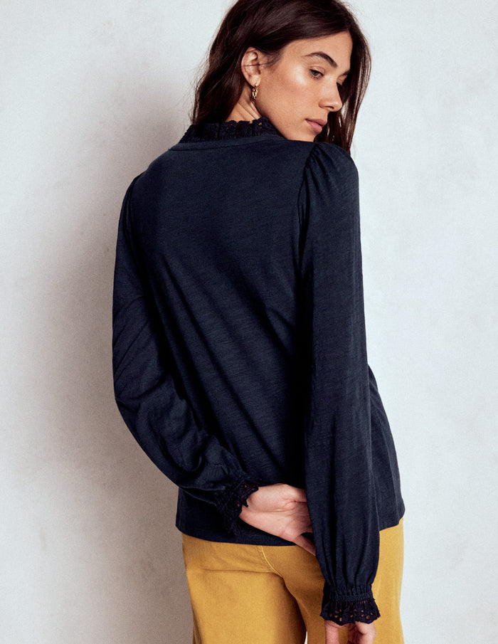 Aria Broderie Notch Neck Top Navy