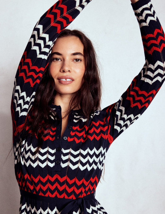 Chevron Stitch Midi Dress Navy, Red and Ivory Chevron