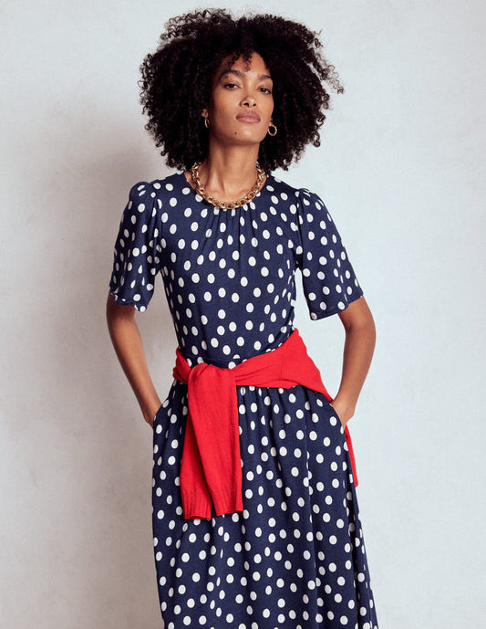 Louisa Jersey Midi Dress French Navy, Painted Dot