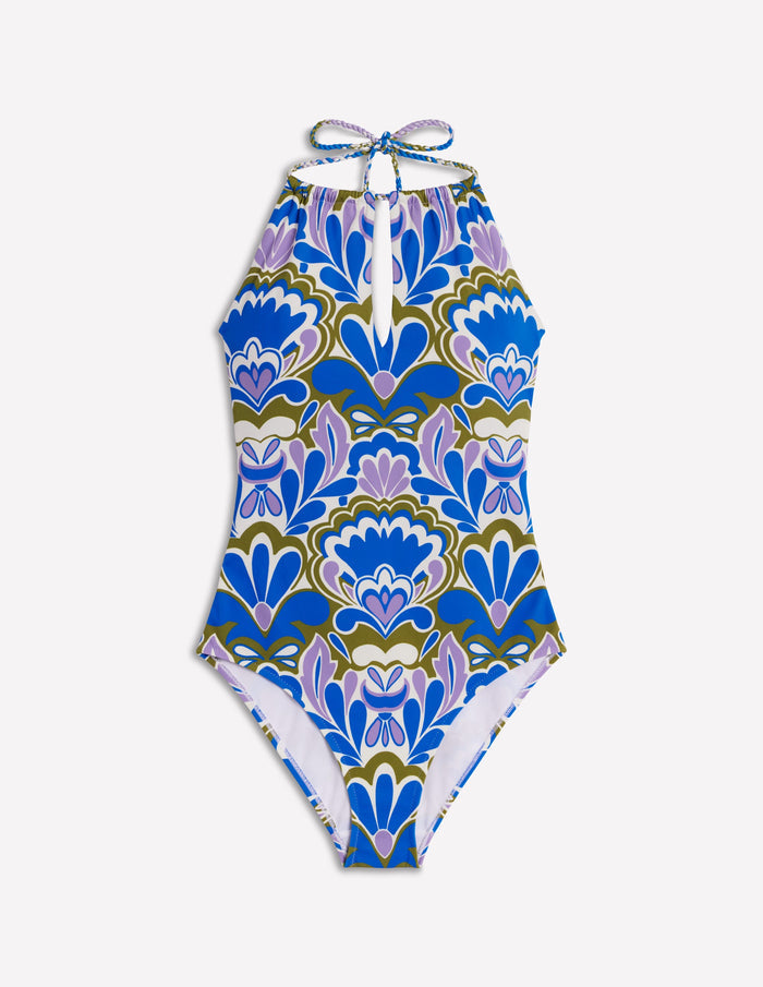 String High Neck Swimsuit Kingfisher Blue, Freesia Stamp