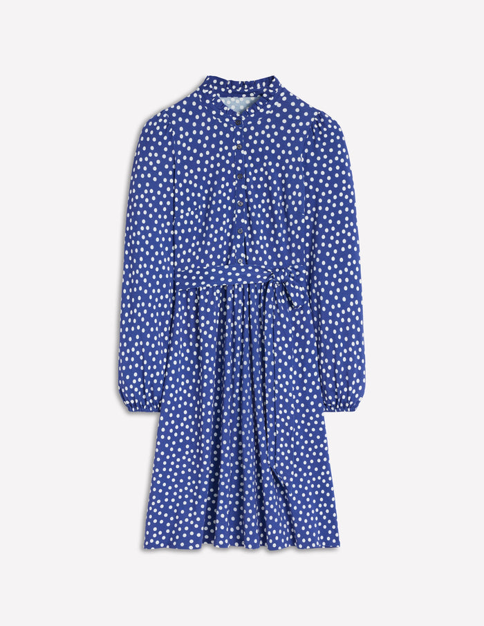 Willow Ruffle Neck Shirt Dress Bright Blue, Dot