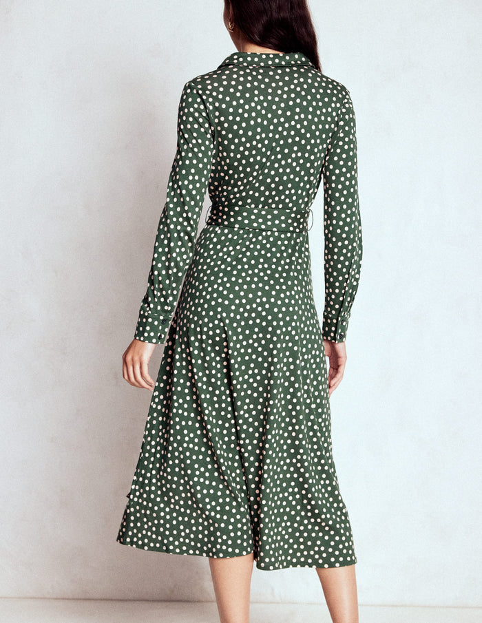 Marcia Jersey Shirt Dress Hunter Green, Painted Dot
