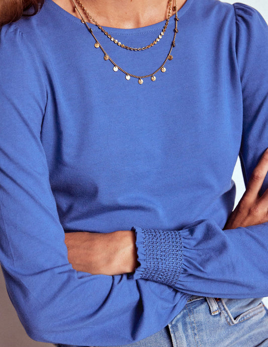 Smocked Cuff Supersoft Top Denim Blue