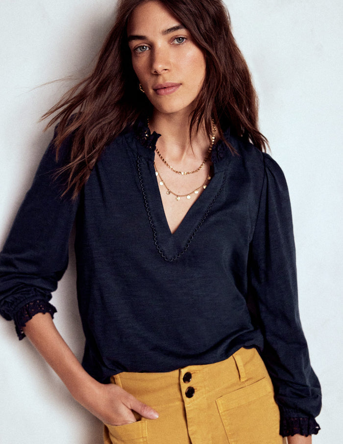 Aria Broderie Notch Neck Top Navy