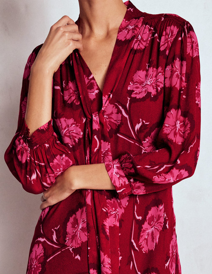 Brooke Tie Neck Tea Dress Cranberry Red, Delicate Vine