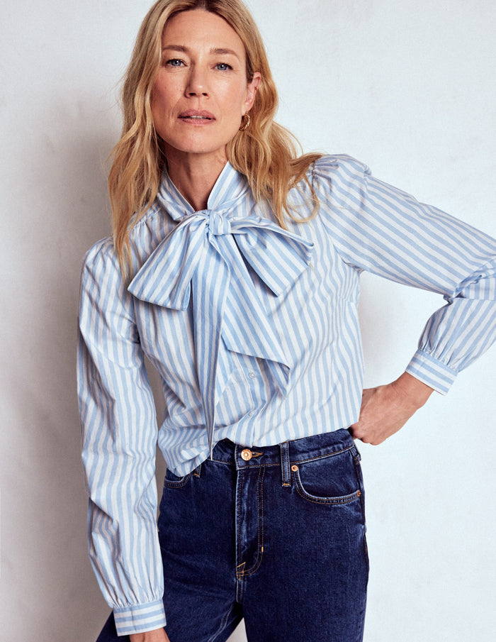 Tie Neck Top Glacier Blue and Ivory Stripe