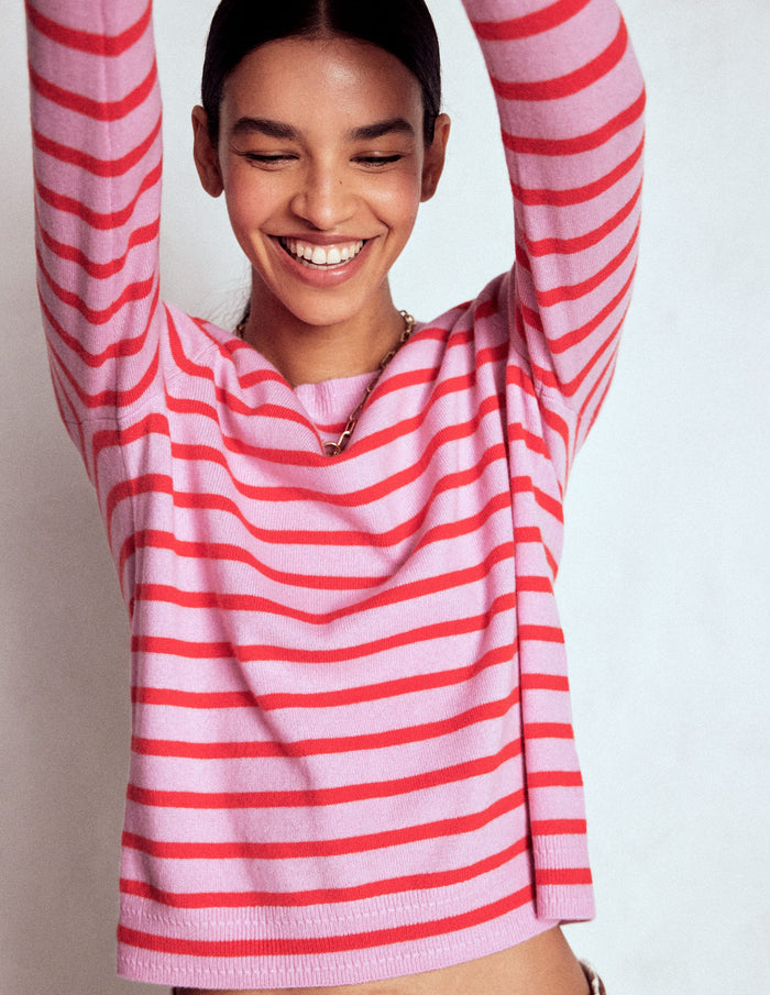 Eva Cashmere Crew Neck Sweater Pink/ Orange Stripe