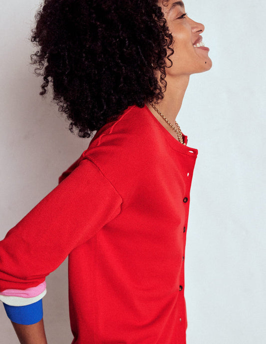 Lara Relaxed Cotton Cardigan Poppy Red, Cuff Stripe