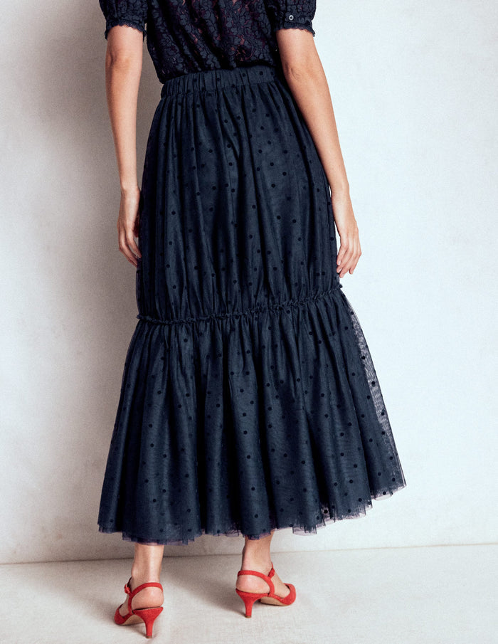 Anna Tulle Midi Skirt Navy Flocked Spot