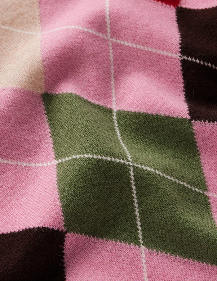 Lydia Cashmere Jumper Pink, Brown and Green Argyle