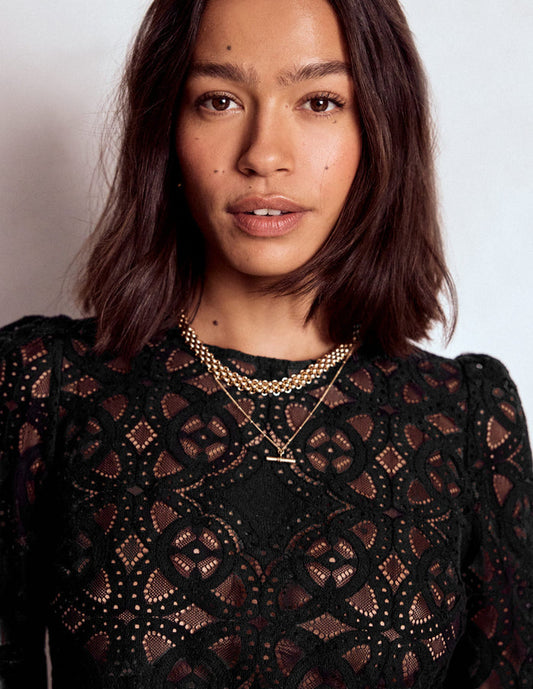 Lace Crew Neck Top Black