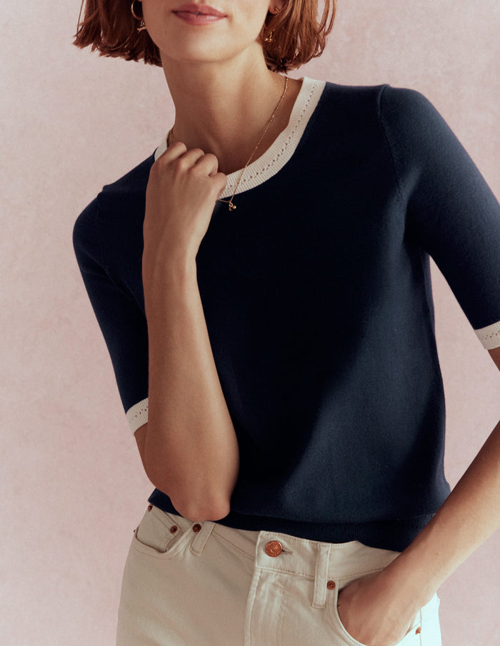 Emilia Cotton Crew T-shirt Navy, Warm Ivory