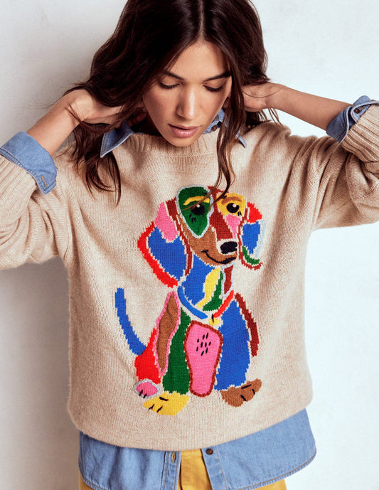 Natalie Embroidered Sweater Oatmeal Melange, Daschund