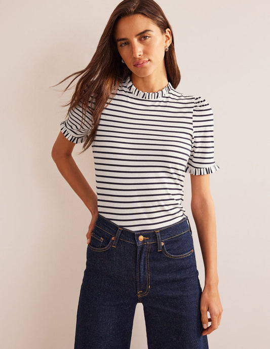 Supersoft Frill Detail T-shirt Ivory, Navy Stripe