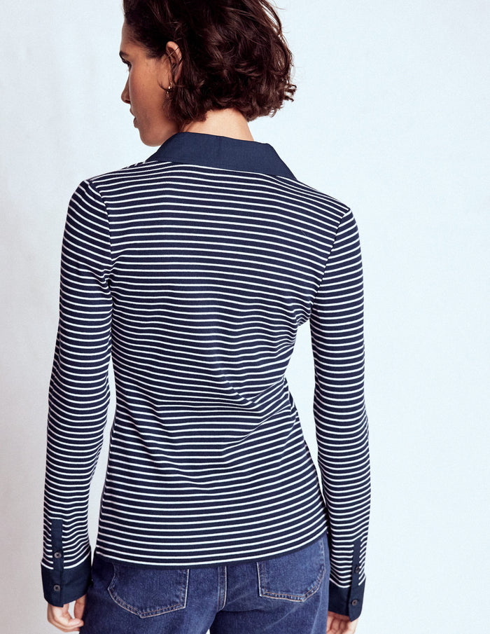 Collared Button Through Top Navy and Ivory Stripe