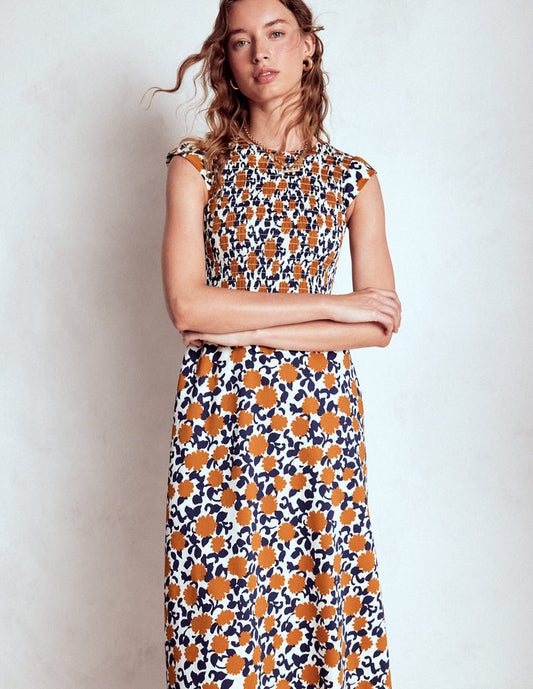 Carolina Smocked Midi Dress Cognanc, Floweret Vine