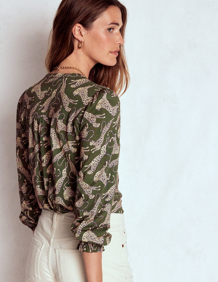 Elsa Smocked Yoke Jersey Shirt Green, Leaping Leopard