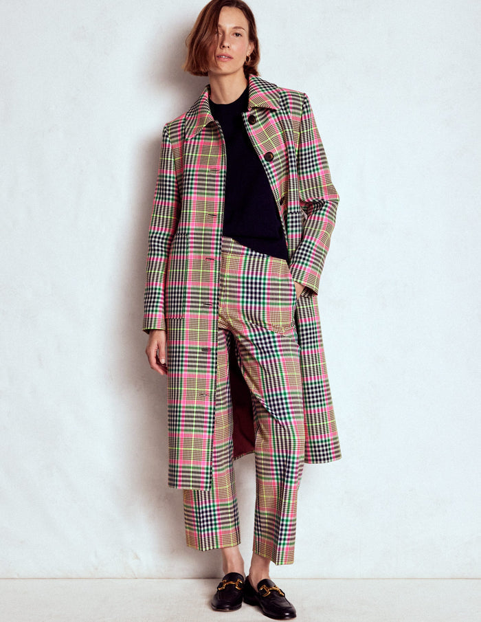 Lancaster Belted Mac Brown, Neon Pink Check