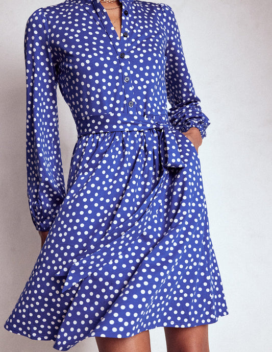 Willow Ruffle Neck Shirt Dress Bright Blue, Dot