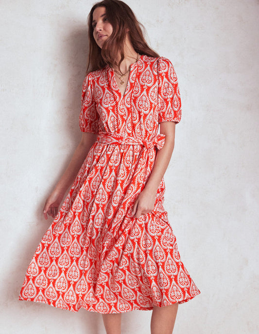 Sofia Trim Jersey Midi Dress Firecracker Red, Ornate Geo