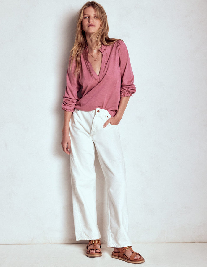 Aria Broderie Notch Neck Top Pink Heather