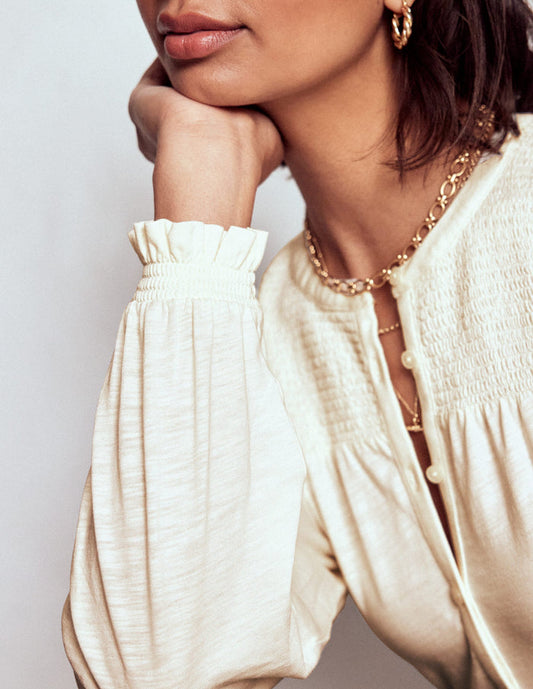 Elsa Smocked Yoke Jersey Shirt Ivory