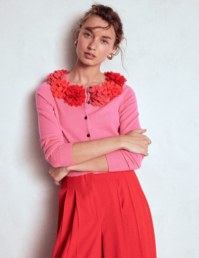 Crew Neck Cropped Cardigan Pink Ribbon