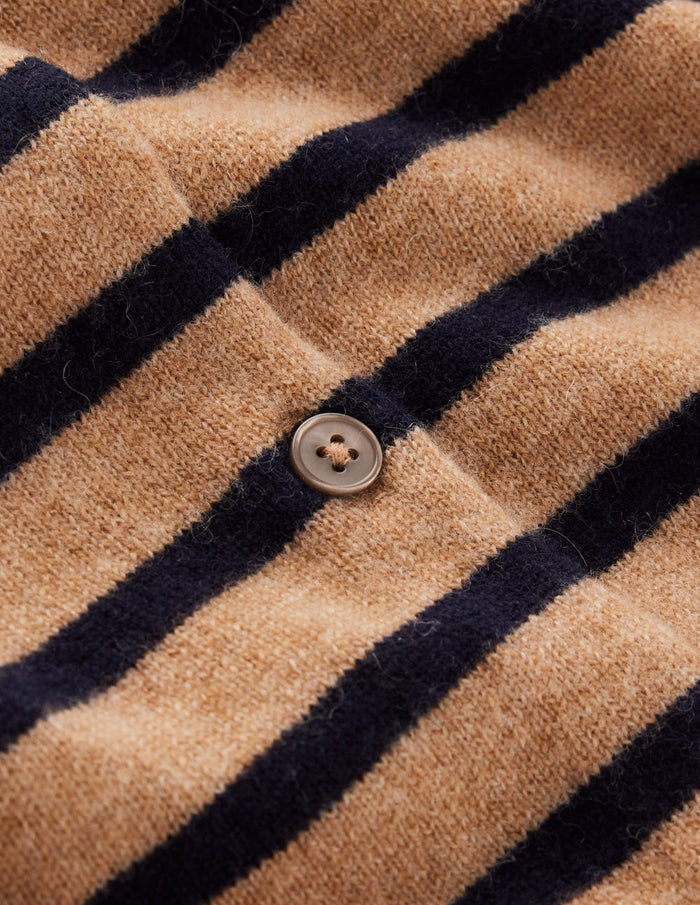 Eva Cashmere Crew Cardigan Camel Melange/Navy Stripe